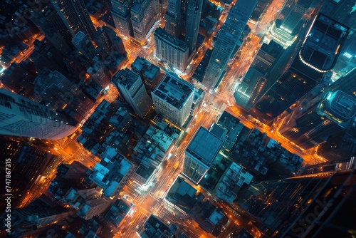 An overhead shot of a bustling city illuminated by the lights of its buildings and streets during the nighttime  View of a city transitioning from day to night from above  AI Generated