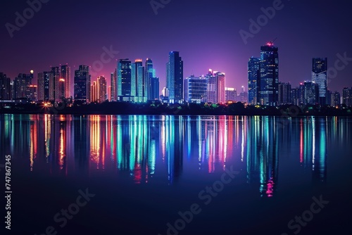 A captivating photo showcasing the brightly lit city skyline at night, featuring towering buildings and sparkling lights, View of a city's illuminated skyline reflecting in a lake, AI Generated © Iftikhar alam