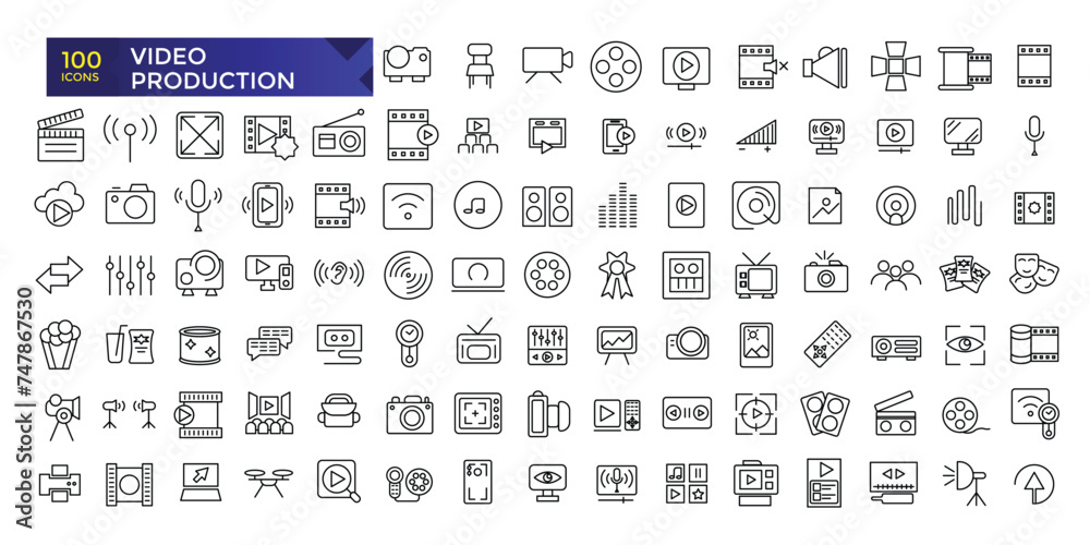 Simple Outline Set of Video Production icons. Linear style icons pack. Minimalist thin linear web ui icon set. vector illustration.
