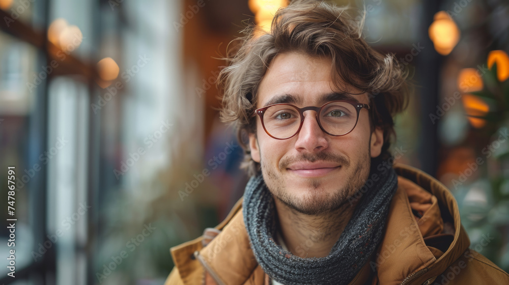 A young man, his face concealed, exudes urban chic wrapped in a scarf standing against a city backdrop A young man, his face concealed, exudes urban chic wrapped in a scarf standing against a city backdrop