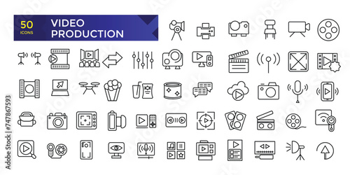 Simple Outline Set of Video Production icons. Linear style icons pack. Minimalist thin linear web ui icon set. vector illustration.