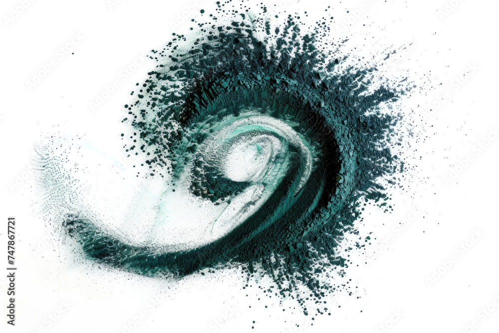 Spirulina powder spiraling elegantly on a white background