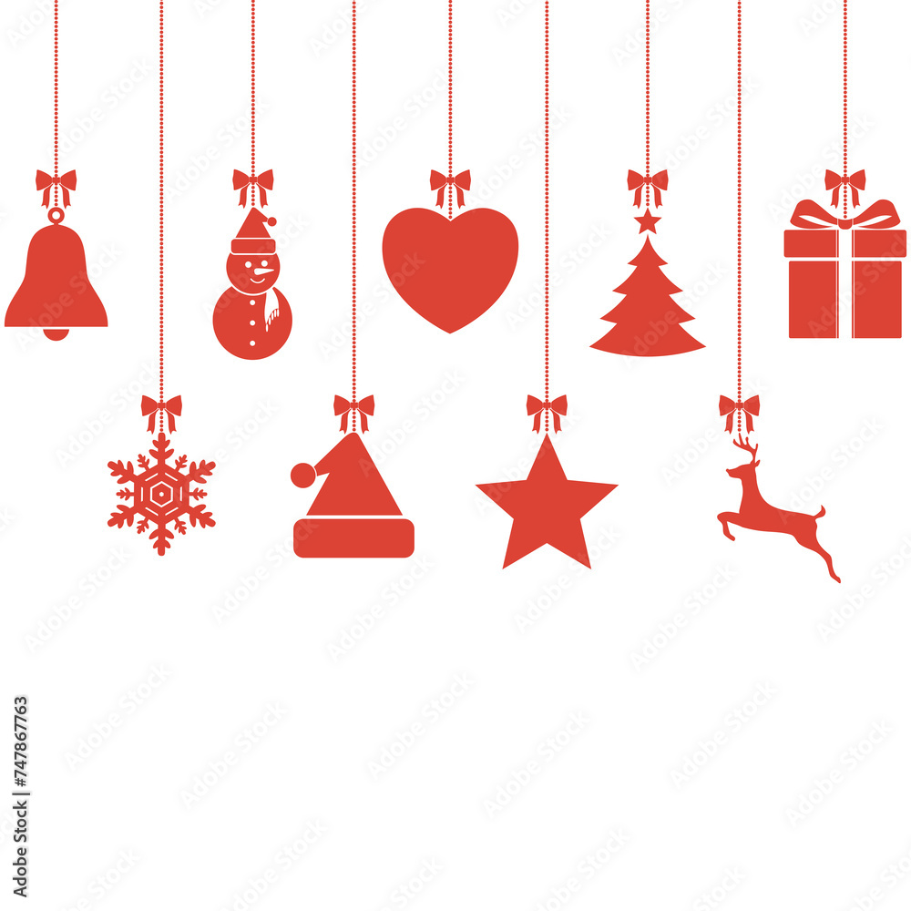 Hanging baubles with Christmas symbols icon isolated on transparent background