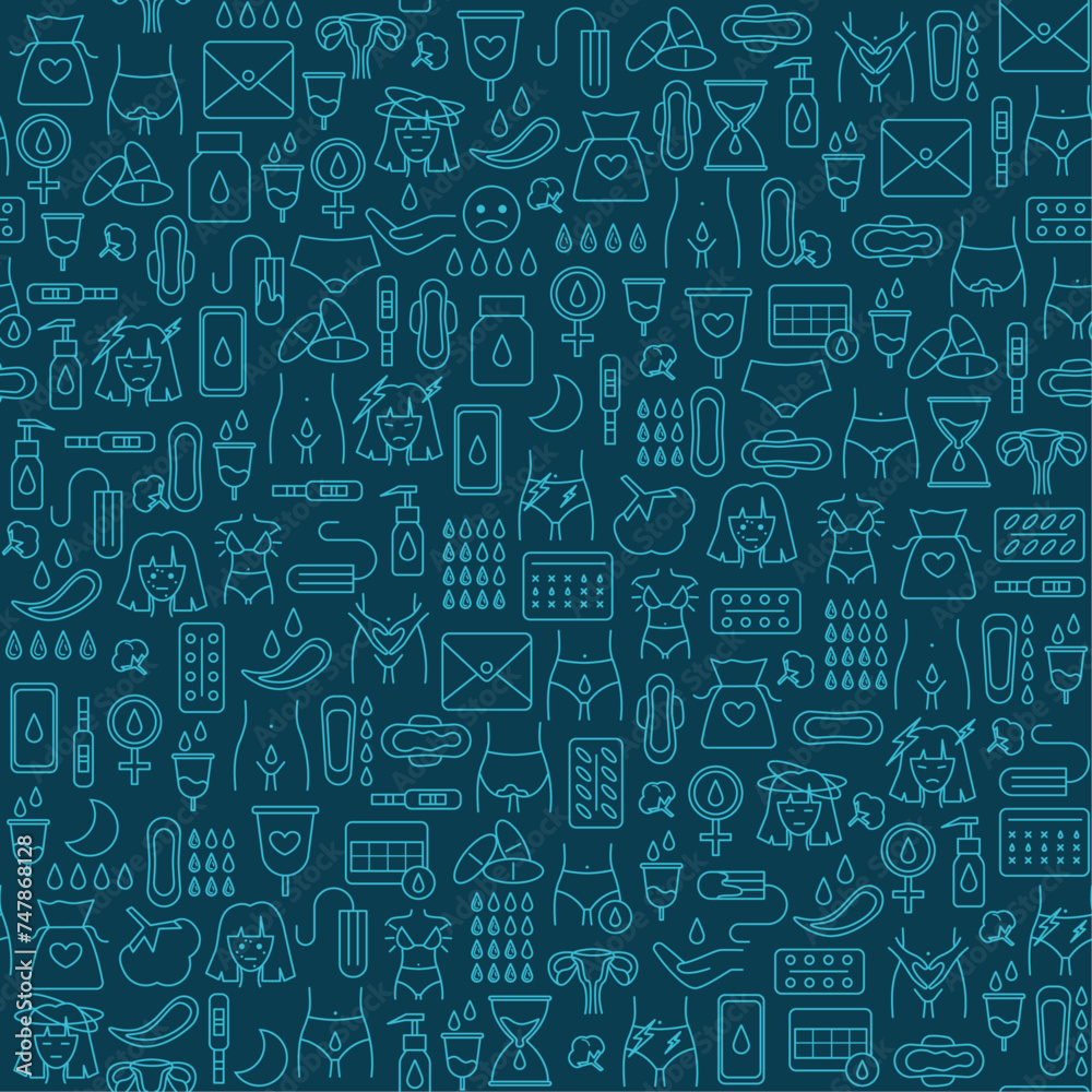Seamless pattern of menstruation period flat icons. Various feminine hygiene products, menstrual protection elements in continuous print. Isolated on dark blue background vector illustration