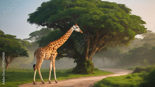 Magnificent giraffe grazing on a big tree on a gravel pathway