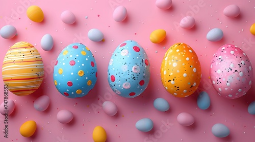 Colorful Easter Eggs on Pink Background with Festive Confetti 