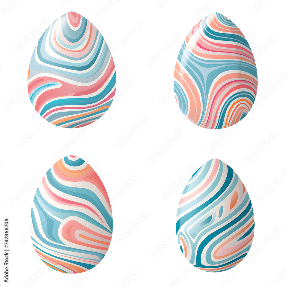 Fototapeta premium Set of various design of painted eggs in colorful isolated on transparent background, cut out, png, collection of colored eggs
