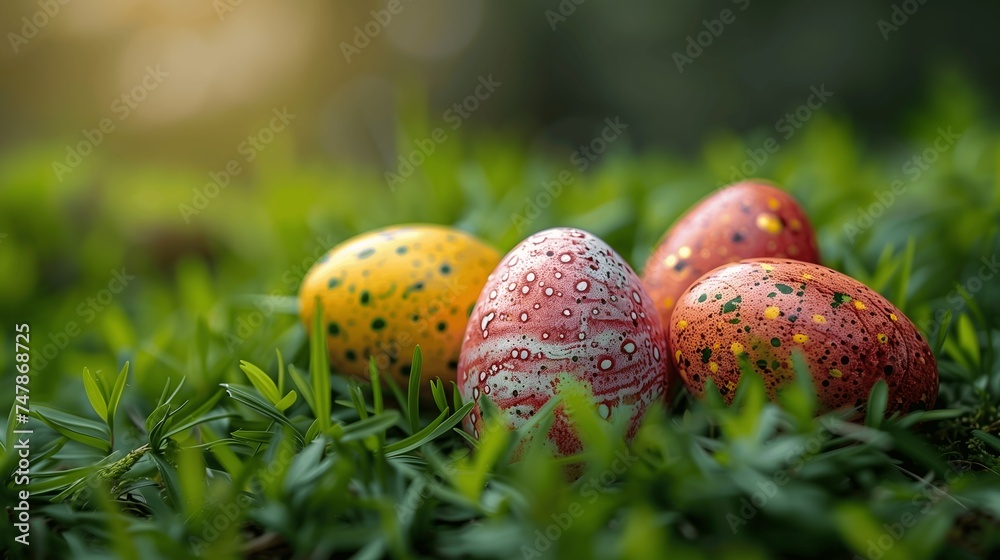 Sunlit Speckled Easter Eggs Nestled in Lush Green Grass
Sunlit Speckled Easter Eggs Nestled in Lush Green Grass