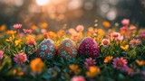 Sunset Glow on Patterned Easter Eggs Amidst Vivid Spring Flowers
