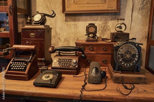 A table is filled with a collection of antique telephones and various other vintage items, Virtual assistant devices from different eras blending old and new technology, AI Generated