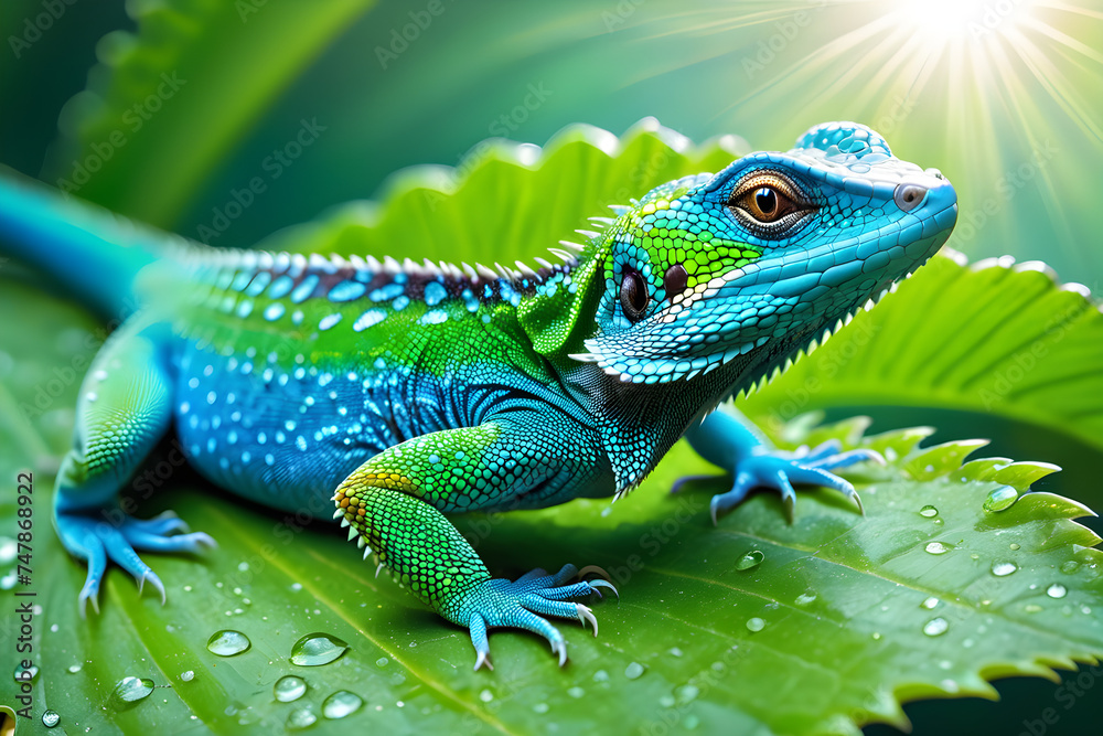 Fototapeta premium Vibrant Colored Lizard: Stunning Reptile Camouflaged on Green Wet Leaf - A Close-up Wildlife Encounter in the Tropical Rainforest
