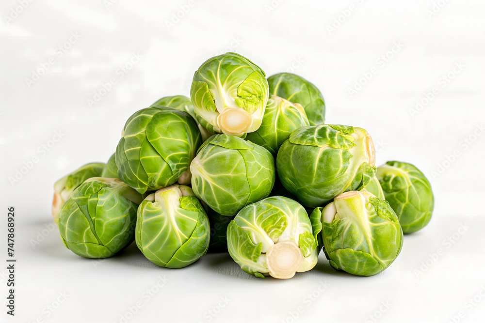 Small heap of brussels sprouts on white background. Neural network generated image. Not based on any actual scene or pattern. Small heap of brussels sprouts on white background. Neural network generated image. Not based on any actual scene or pattern.