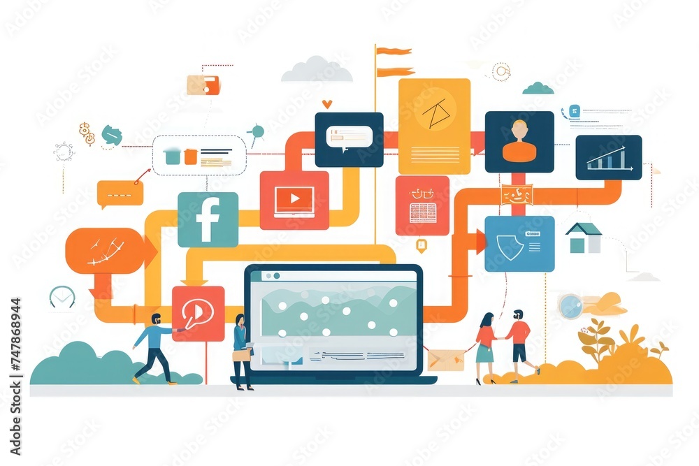 A group of individuals standing around a computer screen, analyzing and discussing financial data together, Visual presentation of customer journey in digital marketing, AI Generated