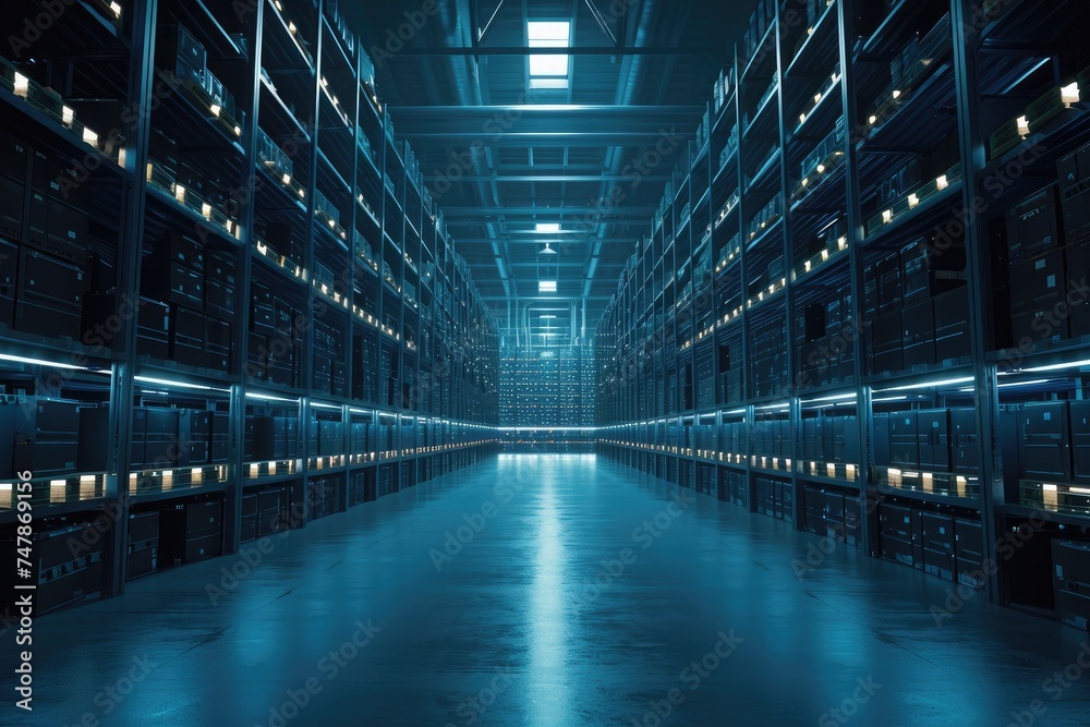 A vast room featuring an abundance of shelves, providing ample storage space for a variety of items, Visualization of cloud storage as a large warehouse, AI Generated - obrazy, fototapety, plakaty 