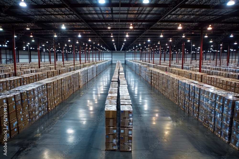 A large, bustling warehouse filled with rows upon rows of neatly stacked boxes waiting to be shipped or organized, Visualization of cloud storage as a large warehouse, AI Generated A large, bustling warehouse filled with rows upon rows of neatly stacked boxes waiting to be shipped or organized, Visualization of cloud storage as a large warehouse, AI Generated