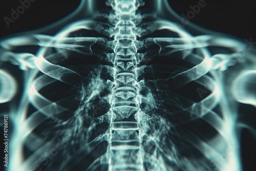 High-Quality X-Ray Image of a Persons Spinal Structure, Visualization of an X-ray film showing a human's thoracic area in 3D, AI Generated photo