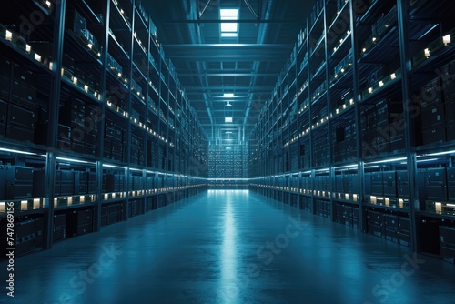 A vast room featuring an abundance of shelves, providing ample storage space for a variety of items, Visualization of cloud storage as a large warehouse, AI Generated