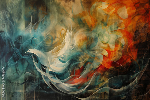 An abstract painting shows swirling shapes like flames and a dove, symbolizing Pentecost. photo