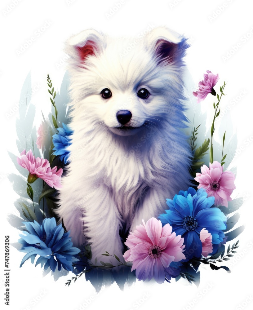 Small White Dog Sitting on Field of Flowers Small White Dog Sitting on Field of Flowers