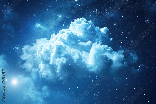 A blue sky with scattered stars and fluffy clouds in the background, Visualize the scalability of cloud storage as an expanding universe, AI Generated