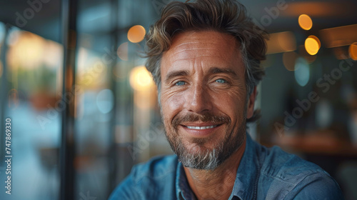 Portrait of a charismatic, middle-aged man with a genuine smile and sparkling blue eyes in a casual setting