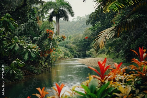 A winding river cuts through a dense green forest  surrounded by lush vegetation  Vivid colors of a tropical rainforest on a riverbank  AI Generated
