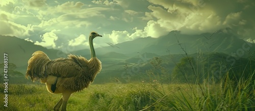 A painting depicting an ostrich standing in a lush green field. The ostrich is the central focus of the piece, surrounded by tall grass and a vibrant green landscape.