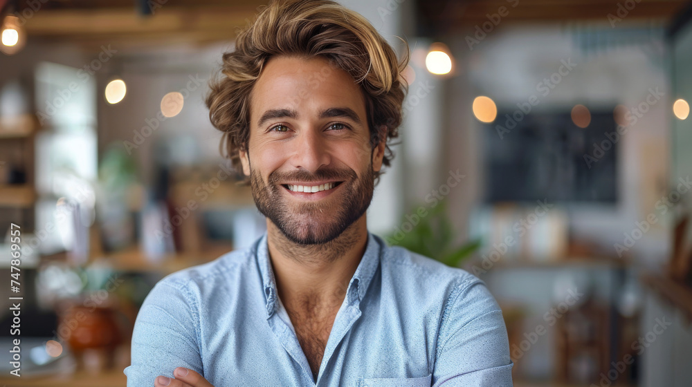 A handsome man with brown hair and a beard smiles confidently in a modern coworking space
