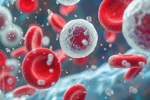 This photo captures the dynamic movement of red and white blood cells as they circulate through a blood vessel, Vivid, macro view of a group of white blood cells, infected and healthy, AI Generated