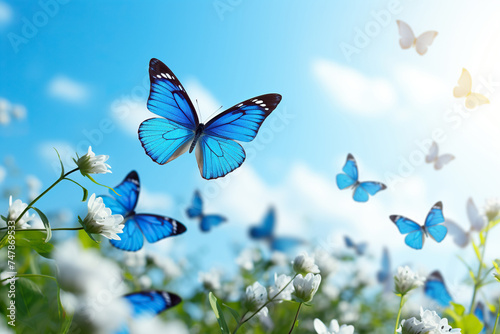 Close-up of a blue butterfly fluttering over a chamomile field. Generated by artificial intelligence