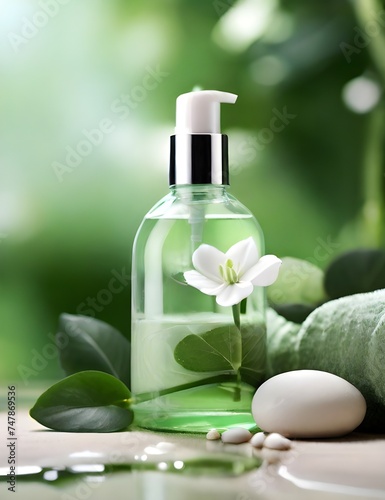 Beauty nature treatment  Organic white and green background care with spa bottle Generative AI