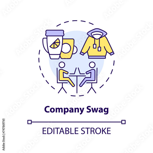 Company swag multi color concept icon. Office branded merchandise. Gifts for team members. Employee recognition. Round shape line illustration. Abstract idea. Graphic design. Easy to use