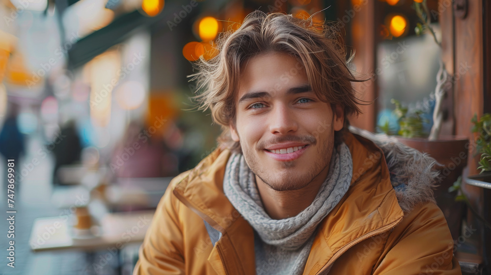A portrait of a youthful, attractive male with a warm smile seated outdoors with urban lights