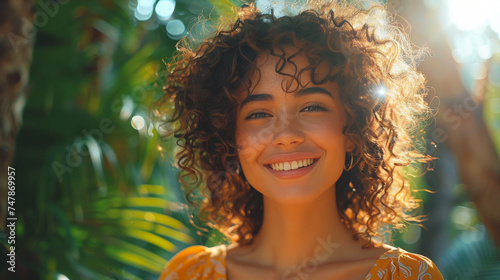 A young woman with curly hair exhibiting a joyful demeanor amidst sun kissed foliage and a natural bokeh effect photo