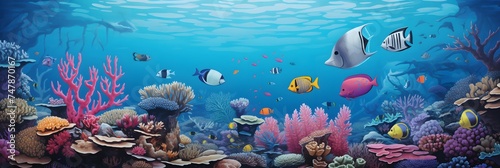 Panoramic view of a vivid underwater seascape with various species of fish and coral  showcasing marine biodiversity