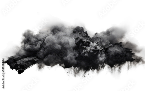 Black Cloud. A black cloud of smoke billowing upwards on a stark white background. The smoke appears dense and opaque, creating a stark contrast.
