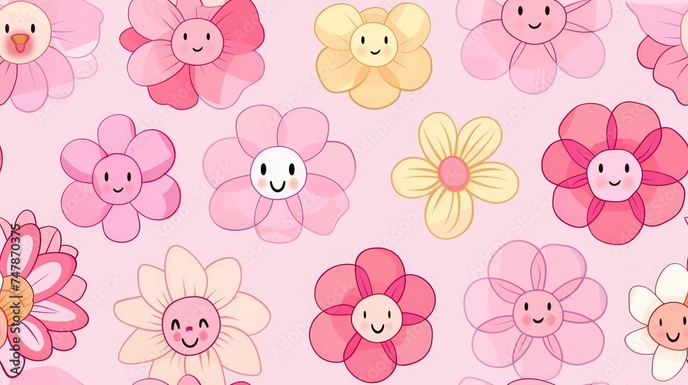 funny kawaii smile face flowers, seamless pattern, on pink pastel background