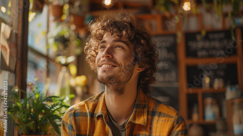 An image capturing a young man with curly hair and a joyful expression sitting inside a warm, ambient cafe