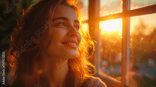 A young woman experiences joyful contemplation by a window during a beautiful sunset with a soft smile