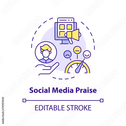 Social media praise multi color concept icon. Employee public recognition. Online announcement. Employee of the month. Round shape line illustration. Abstract idea. Graphic design. Easy to use