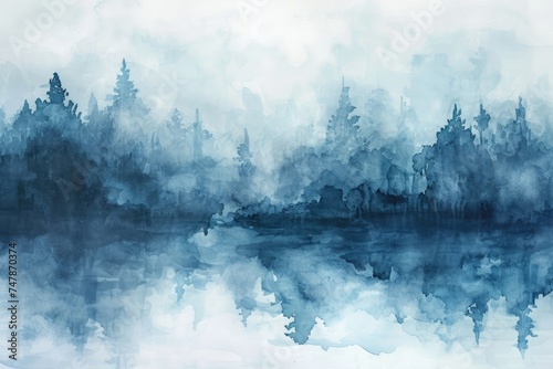A Painting of a Lake Surrounded by Trees in Autumn, Watercolor blend of cool tones for a calming, subtle backdrop, AI Generated