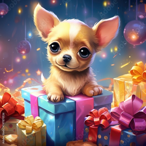 Small Dog Sitting on Top of a Pile of Presents