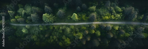 Overhead shot of a winding road cutting through the dense green forest with morning mist hanging in the air
