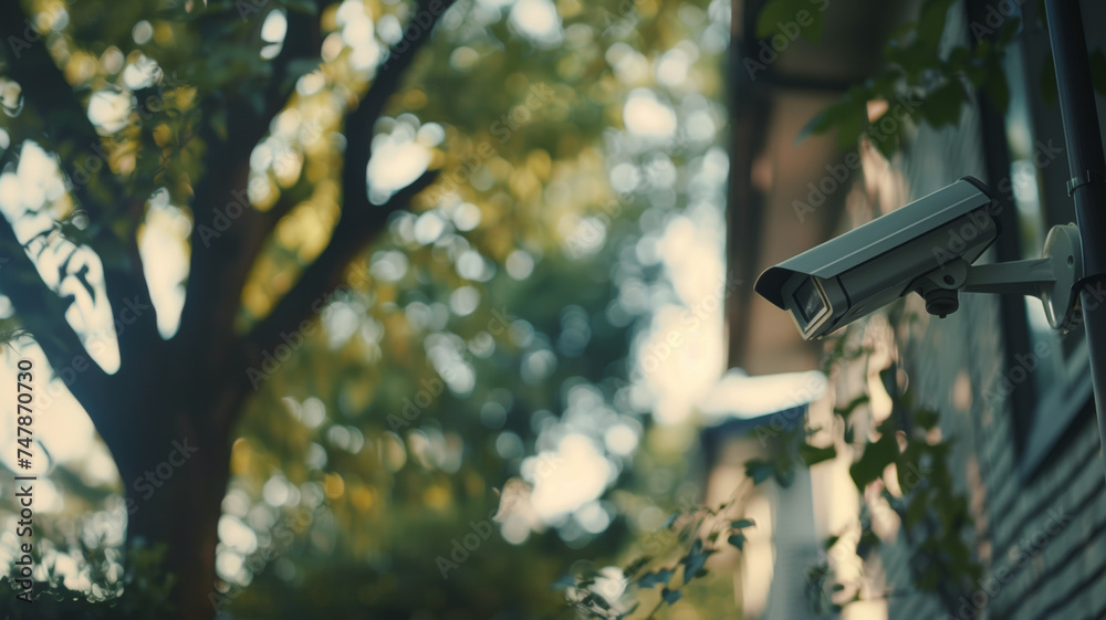 A security camera keeps vigilant watch in a tranquil, leafy suburban area. A security camera keeps vigilant watch in a tranquil, leafy suburban area.