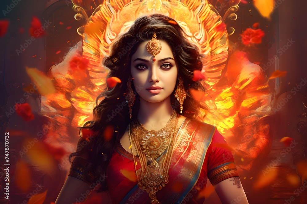 Ethereal portrait of a graceful figure in traditional dress surrounded by a warm fiery glow and cultural symbolism