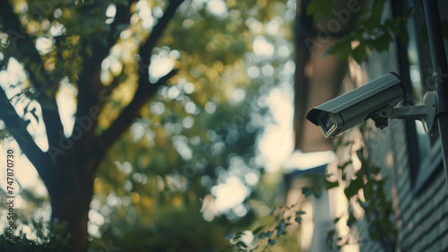 A security camera keeps vigilant watch in a tranquil, leafy suburban area.