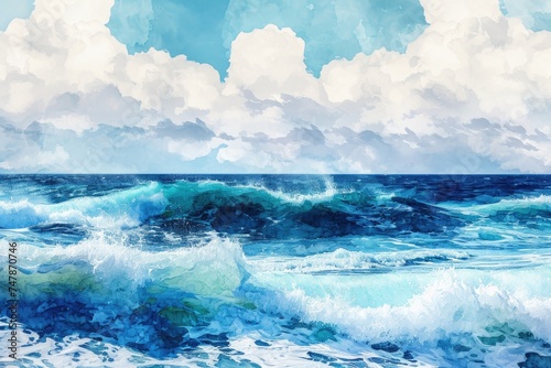 This photo depicts a painting featuring a striking blue ocean and white clouds  Watercolor style picture of ocean waves  AI Generated