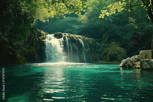 A powerful and cascading waterfall occupies the center of the river  creating a stunning display of rushing water  Waterfall cascading into a vibrant emerald pool  AI Generated