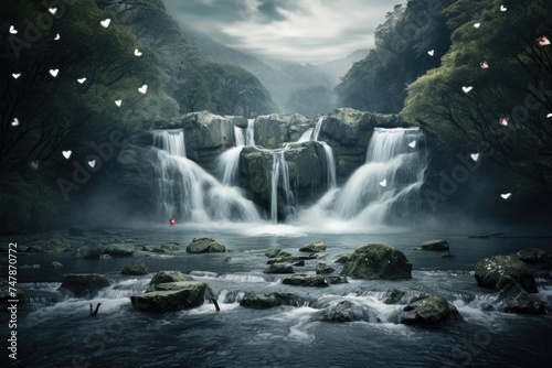 Cascading waterfalls forming heart shapes