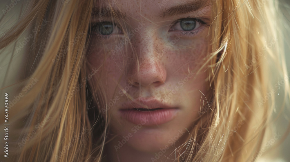 Close-up portrait of a young woman with striking green eyes and soft freckles. Close-up portrait of a young woman with striking green eyes and soft freckles.